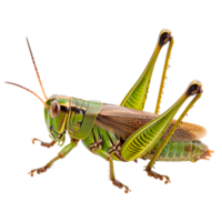 A detailed macro shot of a vibrant green grasshopper isolated on transparent background png