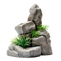 A realistic rock formation with green plants and grass on a transparent background png
