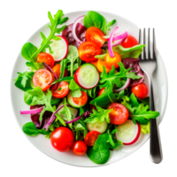 Fresh colorful salad with tomatoes cucumbers and mixed greens on a plate png