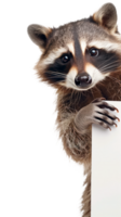 A playful raccoon peering around a white panel in nature. png