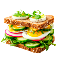 A colorful layered sandwich with fresh vegetables and eggs. png
