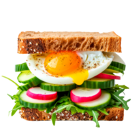 A colorful sandwich with egg, cucumber, radish, and fresh greens. png