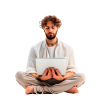 A man meditating with a laptop in a relaxed and calm setting png