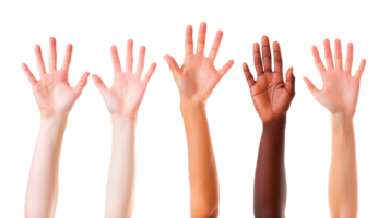 Diverse hands raised in unity showcasing inclusion and support for all. png