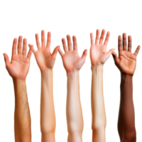 Diverse hands reaching up in a gesture of unity and support png