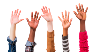 Diverse group of raised hands symbolizing unity and support. png