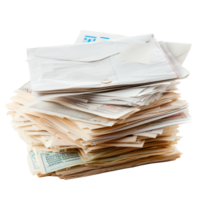 A large stack of assorted papers and envelopes piled together. png