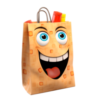 A cheerful cartoon bag with a smiling face and colorful items. png