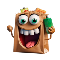 A cheerful cartoon grocery bag character with food items and a big smile. png