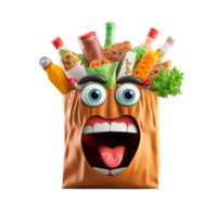 A cartoonish grocery bag filled with happy food items and drinks. png