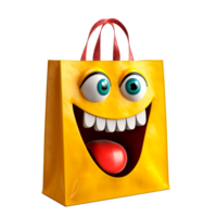 A cheerful yellow shopping bag with a smiling face and playful expression png