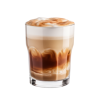 A glass of latte with caramel swirls and creamy froth on top. png