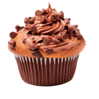 Delicious chocolate cupcake topped with rich chocolate frosting and chips png