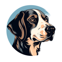 Stylized portrait of a dog with a friendly expression on a blue background. png
