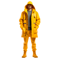 A man wearing a bright yellow waterproof raincoat and pants. png