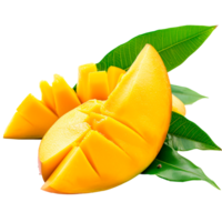 Freshly sliced mango with green leaves on a transparent background png
