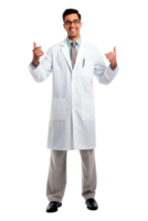 Smiling doctor in a lab coat poses confidently on a white background png