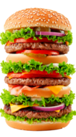 A tall, juicy hamburger loaded with fresh vegetables and cheese. png