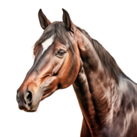 A detailed portrait of a majestic brown horse with a flowing mane. png