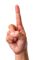 A hand raised with an index finger pointing upwards. png