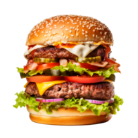 A delicious stacked hamburger with lettuce, tomato, and pickles. png
