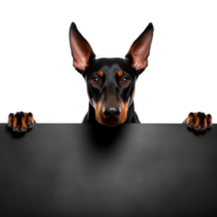 A Doberman peeking over a black surface with a curious expression. png