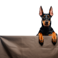 A playful Doberman dog peering over a table with curious expression. png