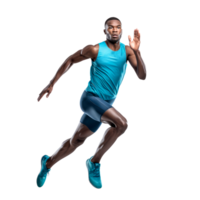 A male athlete sprinting in a dynamic running pose during training. png