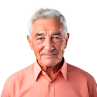 Portrait of an elderly man smiling with gray hair wearing a shirt. png