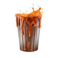 A trash bin overflowing with orange liquid, creating a messy scene. png