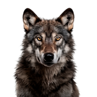 Realistic portrait of a wolf with striking features and intense gaze png
