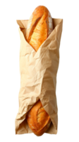 Freshly baked baguette wrapped in brown paper on a transparent background png
