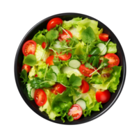 Fresh salad with tomatoes cucumbers and mixed greens in a black bowl png