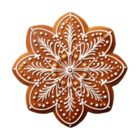 Decorative gingerbread cookie shaped like a snowflake with intricate icing design. png