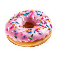 A colorful pink frosted donut with sprinkles on a transparent background png
