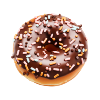 A delicious chocolate donut topped with colorful sprinkles on a white background. png