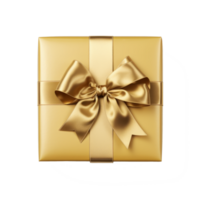 A beautifully wrapped gold gift box with a shiny bow on top. png
