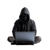 A mysterious hacker in a hoodie working on a laptop in darkness png