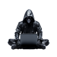 A mysterious hacker in a hoodie using a laptop in the dark png