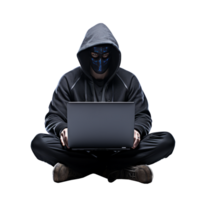 uma mascarado hacker sentado de pernas cruzadas com uma computador portátil dentro uma Sombrio configuração png