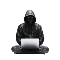 A mysterious hacker in a hoodie using a laptop in a dark setting png