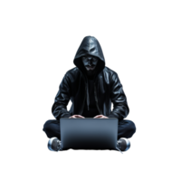 A mysterious hacker in a hoodie working on a laptop in the dark png