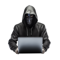 uma mascarado hacker trabalhando em uma computador portátil dentro uma Sombrio meio Ambiente png
