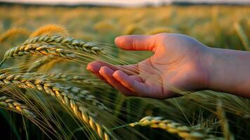 un' mano delicatamente tocchi un' gambo di Grano nel un' campo a tramonto. il d'oro Grano si illumina nel il sera luce, la creazione di un' senso di pace e serenità. video