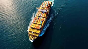 un grande carga barco, lleno con contenedores, paño a través de un cuerpo de agua. el Embarcacion es visto desde arriba. video