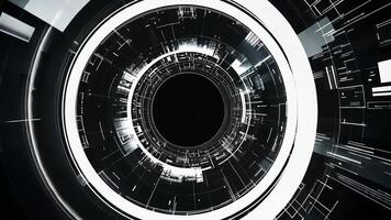 Abstract digital technology background with glowing lines and shapes forming a circular tunnel. video