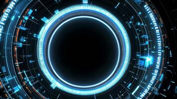 Abstract futuristic glowing blue circle with lines and numbers on a black background. video