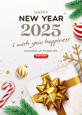 Happy new year 2025, gift box gold ribbon, pine tree, christmas ornaments, poster flyer design on white background