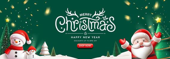 Merry Christmas message and Happy new year sale, Santa claus character and snowman, pine tree, banner design on green background vector