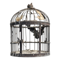 Rusted and Broken Birdcage with Significant Corrosion and Debris png